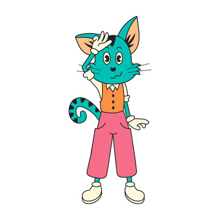 Funny hand drawn mascot in classic cartoon style in 30s fashion clothes. Childish cat character. isolated vector illustrationのイラスト素材
