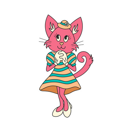 Feminine pink cat character in classic cartoon style in vintage fashion clothes dress and hat. isolated vector illustrationのイラスト素材