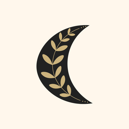 Cute decorative bohemian black moon symbol with golden branch and little dots. Elegant print and greeting card. vector illustrationのイラスト素材