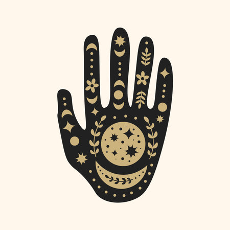 Black palm decorated with golden mystical elements, moon, stars, dots, twig, branch. Esoteric vector illustration for greeting card, poster, bannerのイラスト素材