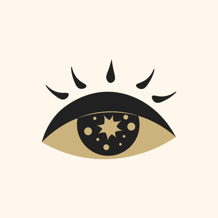 Black and gold eye with star. Elegant isolated vector illustration on beige background for greeting card, posterのイラスト素材