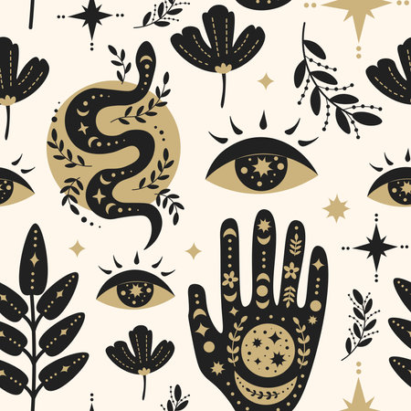 Hand drawn mystical repeat vector illustration with hand, snake, eye, plants, stars, branchesのイラスト素材
