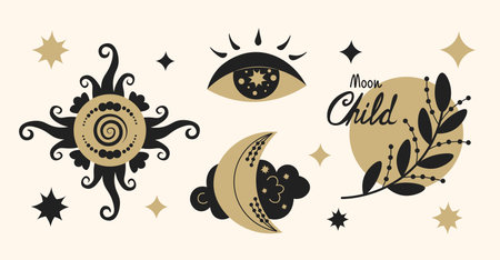 Elegant hand drawn esoteric vector collection with eye, sun, moon, crescent, branch, lettering and starsのイラスト素材