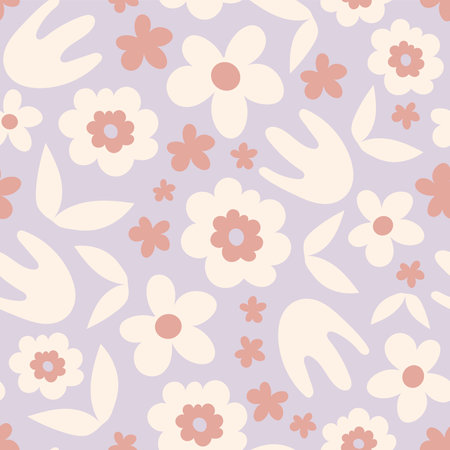 Soft and gentle repeat vector illustration with flowers and leaves in modern contemporary styleのイラスト素材