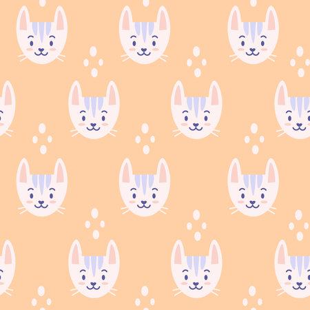 Gentle and soft yellow childish seamless background with repeat vector illustration of funny kitten head and dots in Scandinavian styleのイラスト素材