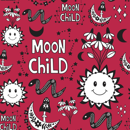 Funky celestial repeat vector illustration with trendy Viva Magenta colorのイラスト素材