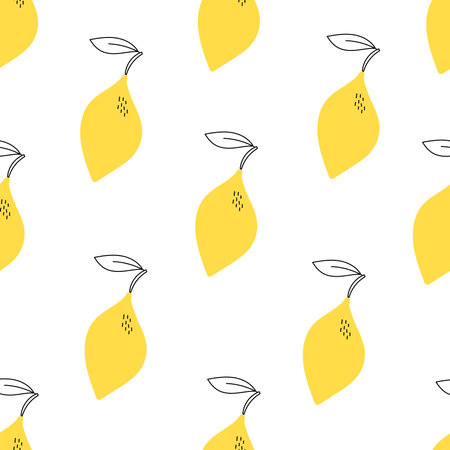 Citrus fruit food seamless background with yellow lemons and leaves in white. repeat vector illustrationのイラスト素材