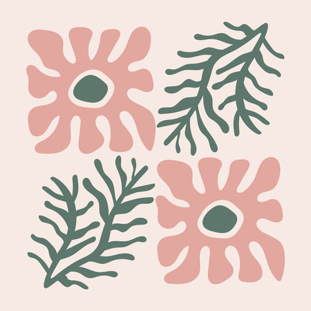 Floral square greeting card with Matisse inspired flowers and leaves in trendy retro style. modern botanical vector illustrationのイラスト素材