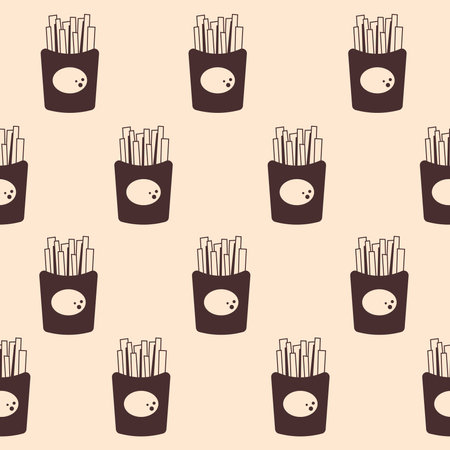 Simple repeat vector illustration of fried potatoes in a package on beige background for delivery, restaurant, menuのイラスト素材