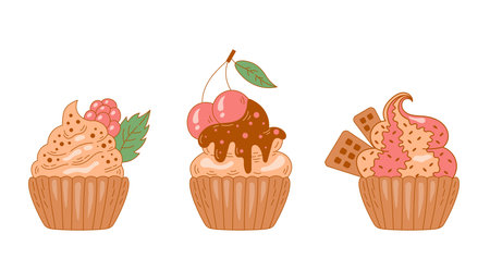 Cute set of hand drawn cupcakes with cherry, raspberry, waffles and leaves on whipped cream topping. For cafe, restaurant, menuのイラスト素材