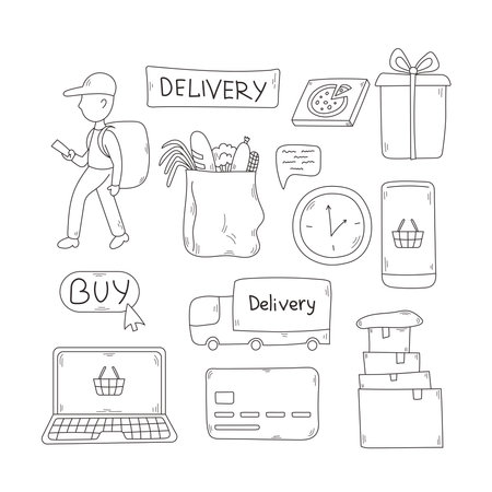 Hand drawn sketch style collection with vector online shopping symbols - computer, smartphone, courier, products, truck, clock, boxesのイラスト素材