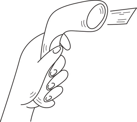 Hand drawn supermarket device in hand. Barcode price scanner sketch. isolated vector illustrationのイラスト素材