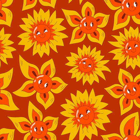 Trendy floral seamless background with funky flower characters in retro style. Funny repeat vector...