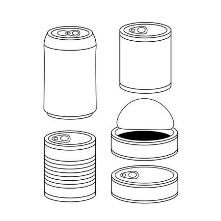 Isolated black line art, doodle, silhouette objects. Tin can illustrationのイラスト素材