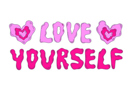Trendy hand drawn slogan with pink hearts in doodle style. Self care motivation quote. Isolated vector illustration for print, t shirt, poster, cardのイラスト素材