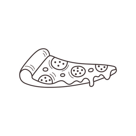 Hand drawn slice of pizza with salami and melted cheese. Isolated fast food vector illustration.のイラスト素材