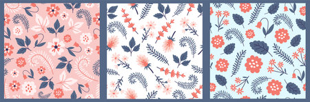 Cute gentle hand drawn endless backgrounds collection with forest and meadow flowers and leaves....