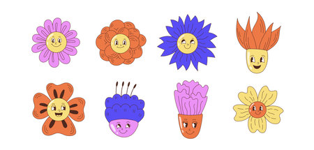 Funny retro style daisy, chamomile. Floral smiling face collection. isolated vector illustrationのイラスト素材