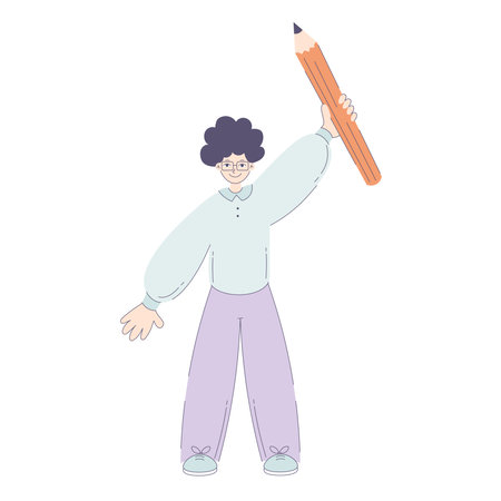 Cartoon flat style boy or young man raise a big pencil for education topics, school, office. isolated vector illustrationのイラスト素材