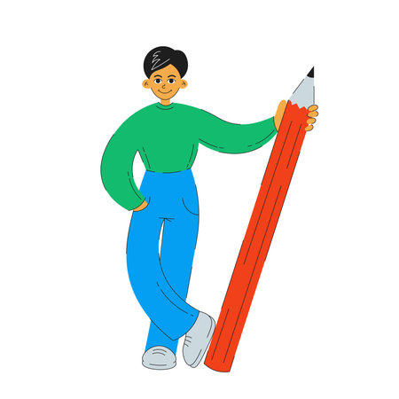 Trendy style smiling person standing and holding a pencil for education and startup topics.のイラスト素材