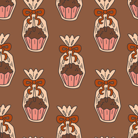 Cute hand drawn food seamless background. Repeat vector illustration with Brazilian brigadeiro in transparent wrapのイラスト素材