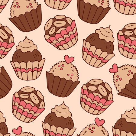 Pretty hand drawn food seamless pattern with round Brazilian brigadeiro desserts for wallpaper, packaging, sweet shop decorating. vector illustrationのイラスト素材