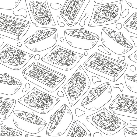 Hand drawn black and white food seamless background with korean traditional dishes. vector illustration in cartoon line art styleのイラスト素材