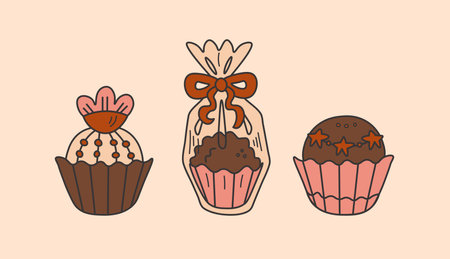 Doodle cartoon style Brazilian brigadeiro set. Funny candy shop, bakery, confectionery icon, logotype. vector illustrationのイラスト素材