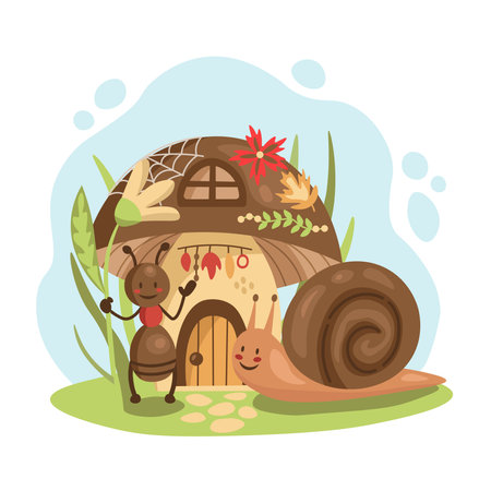 Ant and snail cartoon characters with big mushroom. Natural elements flat design for kids, posters, cards.のイラスト素材
