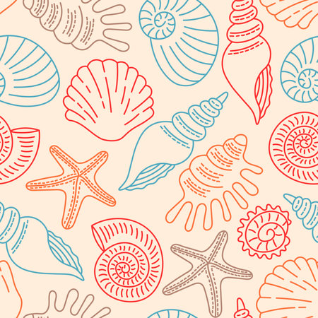 Cute pastel colored endless background with hand drawn sea life elements. line art repeat vector illustrationのイラスト素材
