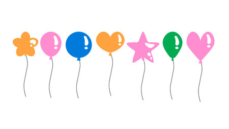 Various shapes colorful balloons in flat style. Bubble shape flying star, heart for party, birthday, anniversary, kids, invitation, celebration, decoration, wedding. vector illustrationのイラスト素材