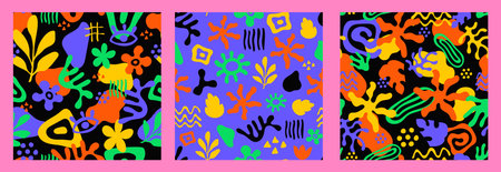 Modern colorful abstract botanical collection of backgrounds with hand drawn contemporary art elements. repeat vector illustrationのイラスト素材