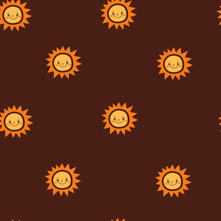 Childish endless background with cute smiling suns. Repeat vector illustration with dark backdrop