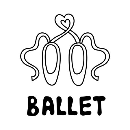 Hand drawn ballet print with pointes, ribbons, heart. Black line art classical dance symbol, sign,  decorative element, print for ballet studio, class, school. vector illustrationのイラスト素材