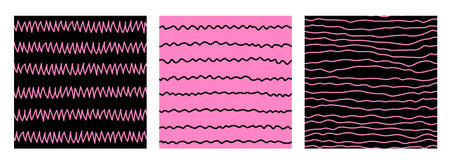 Black and pink endless backgrounds collection with wavy, zigzag curves and lines. Modern creative textures in 90s and y2k styleのイラスト素材