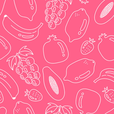 Hand drawn pink food and drink endless background with ripe fresh fruits. repeat vector illustrationのイラスト素材