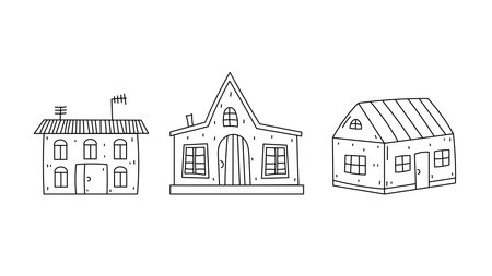 Hand drawn black line art small buildings collection in cartoon style. isolated vector illustrationのイラスト素材
