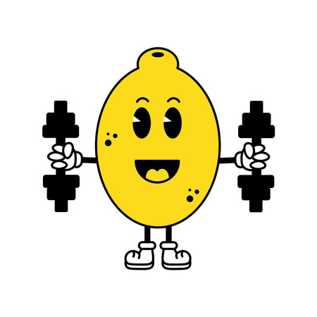 Happy sports and healthy lifestyle cartoon mascot in retro style holds two dumbbells in hands. Motivational vector illustrationのイラスト素材