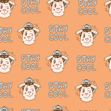 Retro styled endless background with winking sheep and Stay cool inscription. Nostalgia repeat vector illustration.のイラスト素材