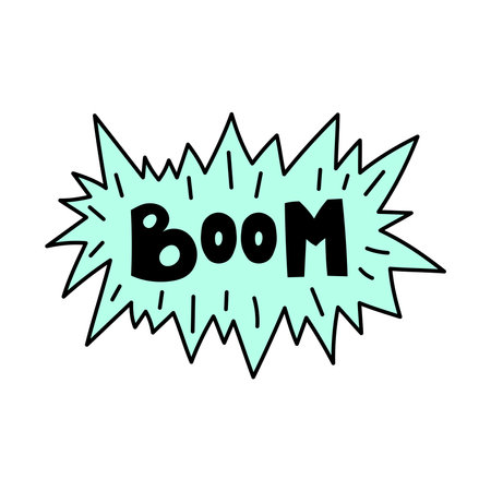 Hand drawn burst with Boom inscription. Black outline with turquoise. simple lettering.のイラスト素材