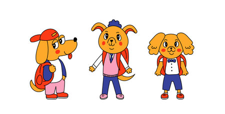 Funny cartoon style puppies in school uniform with backpack. Animal school boy vector illustration.のイラスト素材