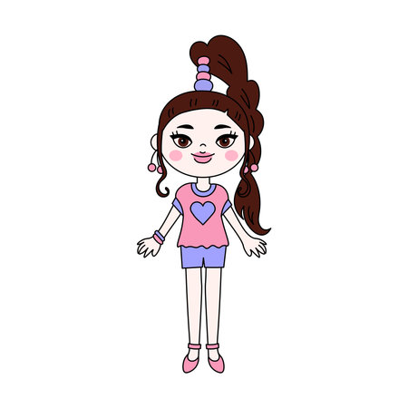 Cute smiling Japanese, Korean or Chinese girl, woman in 90s and y2k style. Vector illustration for kids. Childish vintage doll.のイラスト素材