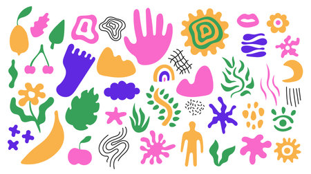 Vibrant hand drawn scribbles and nature elements collection. Vector illustration for trendy design.のイラスト素材