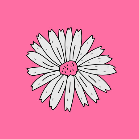 Funny hand drawn groovy flower with dots. Stylish pencil drawing on pink background.のイラスト素材