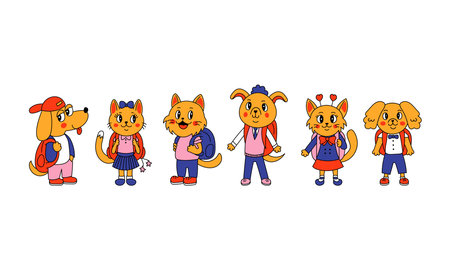 Back to school collection with happy cartoon animals in school uniform. child vector illustrationのイラスト素材