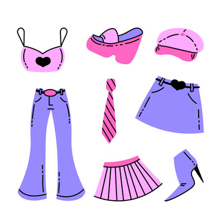 2000s fashion collection. Outfit vector elements in cartoon doodle and flat style.のイラスト素材