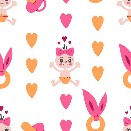 Cute hand drawn seamless background with toddler hearts and pacifier. Childcare repeat vector illustration.のイラスト素材