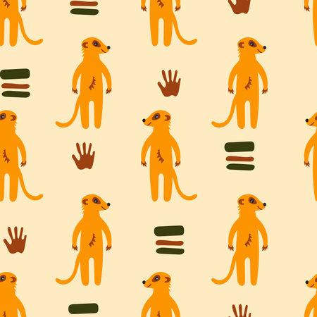 Hand drawn wildlife seamless background with african exotic animal, hand and abstract shapes. vector illustrationのイラスト素材