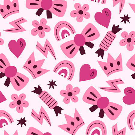 Cute trendy pinkcore seamless background with glamor patches for girl and woman. vector illustrationのイラスト素材