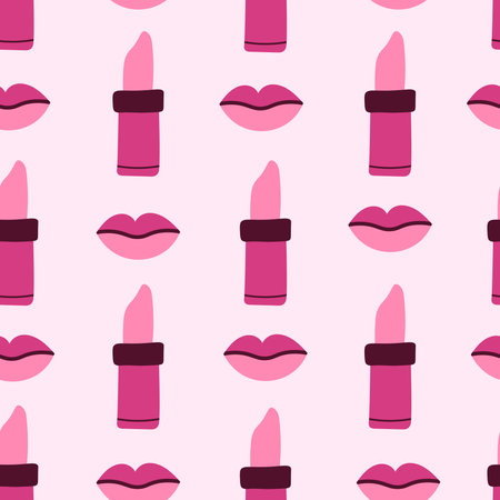 Cute hand drawn pink cosmetic seamless pattern with makeup elements. Beauty industry repeat vector illustration. flat styleのイラスト素材